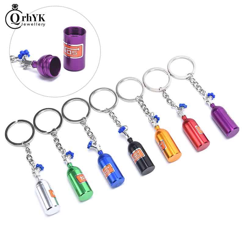 1pc Car Turbo NOS Keychain  For Women Men Unique Mini Keyring Nitrogen Bottle Metal Key Chain Key Ring Stash Pill Box Storage