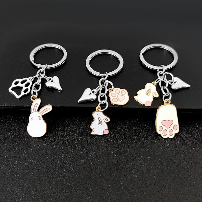 Cute Rabbit and Hearts Keychains Unique Girls Gift Key Holder Lovely Animal and Cat Paw Prints Keyrings Toys for Kids B-6