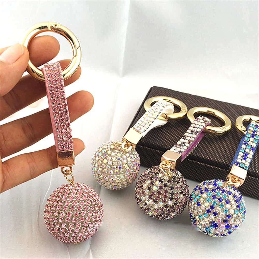 Fancy Shiny Rhinestone Round Ball Leather Strap Unique Car Keychain Charm Pendant Key Ring  Bag Hanging Jewelry Gift Llaveros