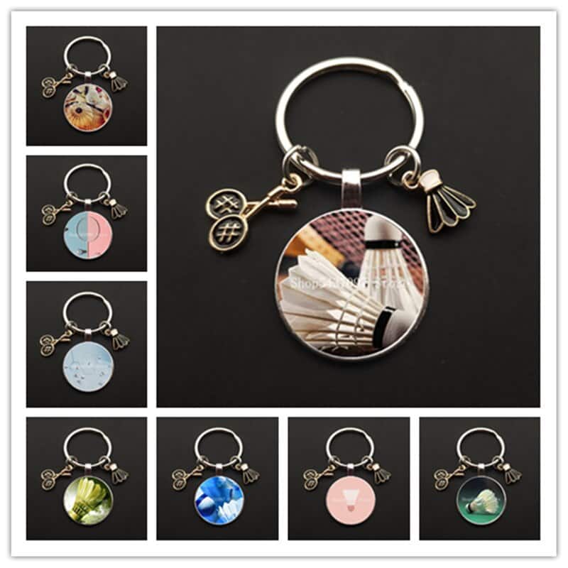 Unique keychain mini badminton badminton racket keychain glass cabochon keychain car bag decoration men and women jewelry