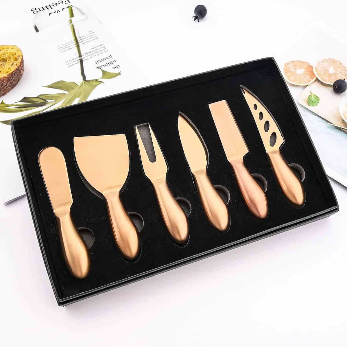 7Pcs Rose Unique Cheese Knife Tool Set Stainless Steel Handle Cheese Knife Set Gift Box for Cheese Pizza Kitchen Accessories