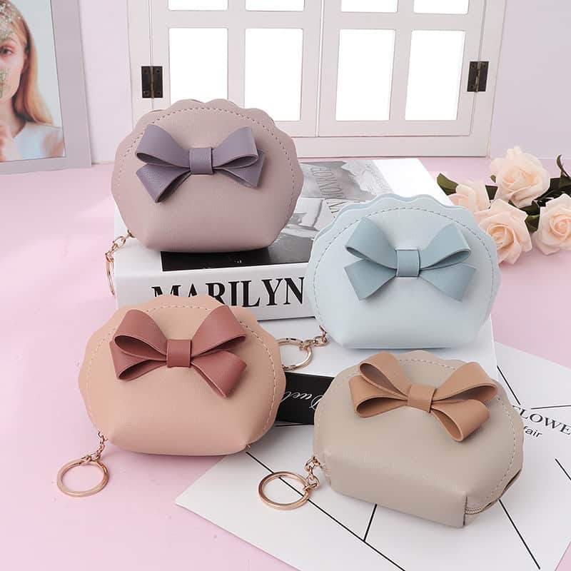 Bowknot Women Unique Zip Coin Purse Kids PU Mini Key Card Wallet Keychain Portable Small Things Save Face Mask Lipstick Storage