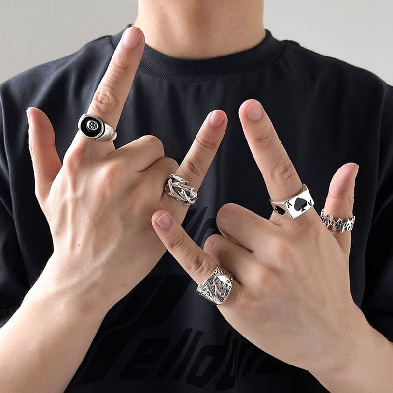 Punk Gothic Heart Ring Set for Men Women Black Dice Vintage Spades Ace Silver Plated Retro Charm Billiards Finger Jewelry